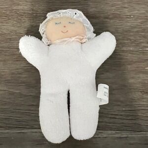 Vintage Eden Terry Cloth Plush Baby Doll White Lace Bonnet Soft Stuffed Toy